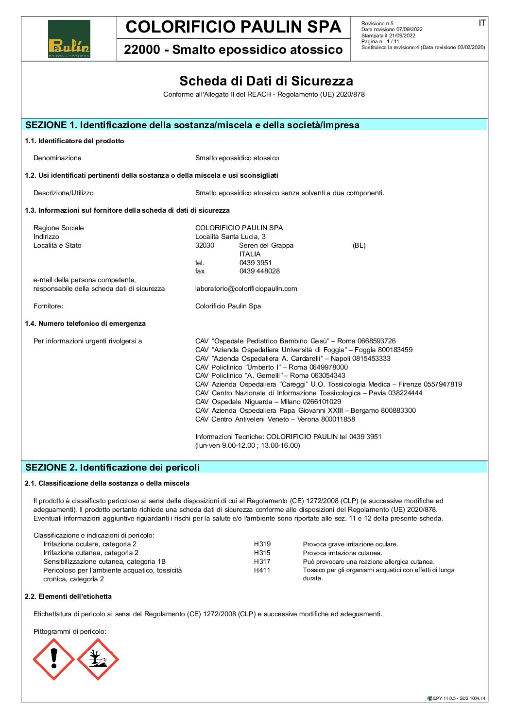 PAULIN – SMALTO EPOSSIDICO ATOSSICO BICOMPONENTE CERTIFICATO KG 1 BIANCO/ROSSO